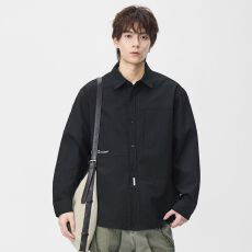 实拍新款长袖衬衫男翻领字母刺绣日系复古纯色衬衣外套百搭休闲