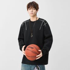 批发实拍2026新款长袖T恤男<b class='q'>日系</b><b class='q'>复古</b>圆领宽松潮流简约明线纯色打底衫