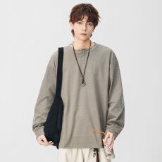 批发实拍2026新款长袖T恤男士日系复古纯色百搭套头圆领打底衫内搭