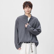 批发实拍2026新款长袖条纹<b class='q'>衬衫</b>男立领<b class='q'>衬衣</b>日系复古口袋百搭休闲潮流