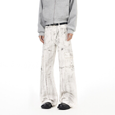 批发美式复古脏脏白牛仔裤男女中性款潮牌宽松直筒休闲微喇叭拖地裤子