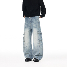 批发美式猫须水洗多口袋工装牛仔裤男女宽松直筒潮牌休闲阔腿拖地裤子