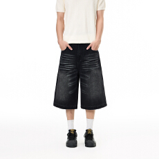 批发夏季新款美式水洗做旧宽松猫须牛仔七分裤男女中性直筒阔腿六分裤