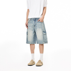 批发夏季新款美式复古水洗猫须工装牛仔短裤男女直筒宽松五分潮牌中裤