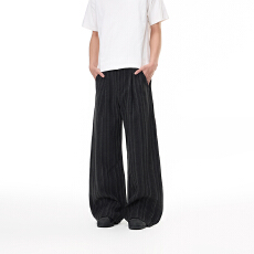 美式高级感竖条纹褶皱垂感弯刀休闲裤男女宽松直筒阔腿拖地长裤子