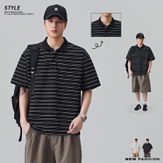 批发实拍2026夏季新款美式条纹纯棉短袖POLO衫男士<b class='q'>潮</b>流宽松百搭上衣