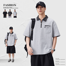 批发实拍2026新款美式潮流半拉链POLO衫男士夏季撞色翻领上衣T恤