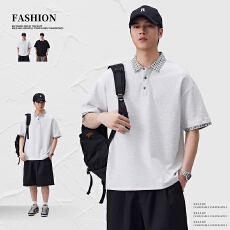 批发实拍2026夏季美式休闲短袖POLO衫男潮流格子翻领T恤上衣