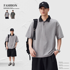 批发拼色洗水翻领Polo衫男2026夏季复古纯棉宽松百搭休闲<b class='q'>潮</b>流短袖上衣