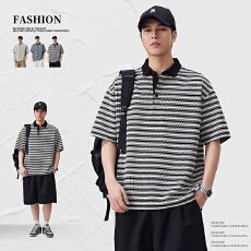 批发实拍2026夏季新款提花条纹针织POLO衫男士翻领宽松百搭短袖上衣