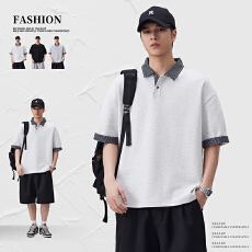 批发实拍2026新款美式条纹翻领撞色POLO衫男士夏季潮流休闲<b class='q'>T恤衫</b>