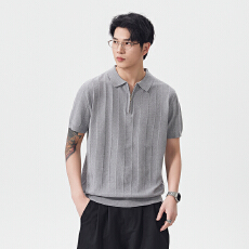 批发实拍2026夏季新款半拉链翻领POLO衫男复古老钱风短袖针织上衣