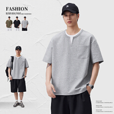 实拍2026夏季潮流假两件短袖T恤男薄款百搭宽松休闲V领半袖衫上衣