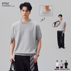 实拍2026夏季新款纯色针织短袖T恤男宽松透气百搭圆领打底衫