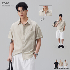 实拍2026夏季新款纯色短袖衬衫男宽松休闲翻领开衫衬衣