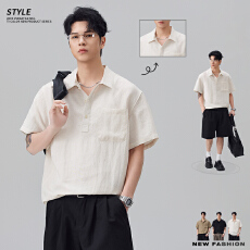 实拍2026夏季新款老钱风亚麻Polo领衬衫男天丝凉感短袖衬衣