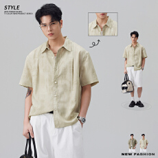 批发实拍2026夏季新款扎染短袖衬衫男天丝凉感休闲翻领衬衣