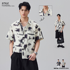 批发实拍2026夏季新款亚麻短袖<b class='q'>衬衫</b><b class='q'>男士</b>扎染印花休闲宽松透气<b class='q'>衬衣</b>