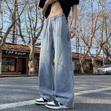 批发实拍2026新款弯刀拼接打折牛仔裤港风松紧腰垂感百搭阔腿裤长<b class='q'>裤子</b>