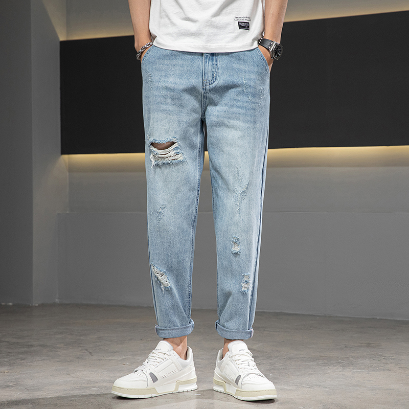 실사 2026 여름 새로운 9 포인트 찢어진 부분 청바지 남자 루즈핏 할란 스트레이트 팬츠