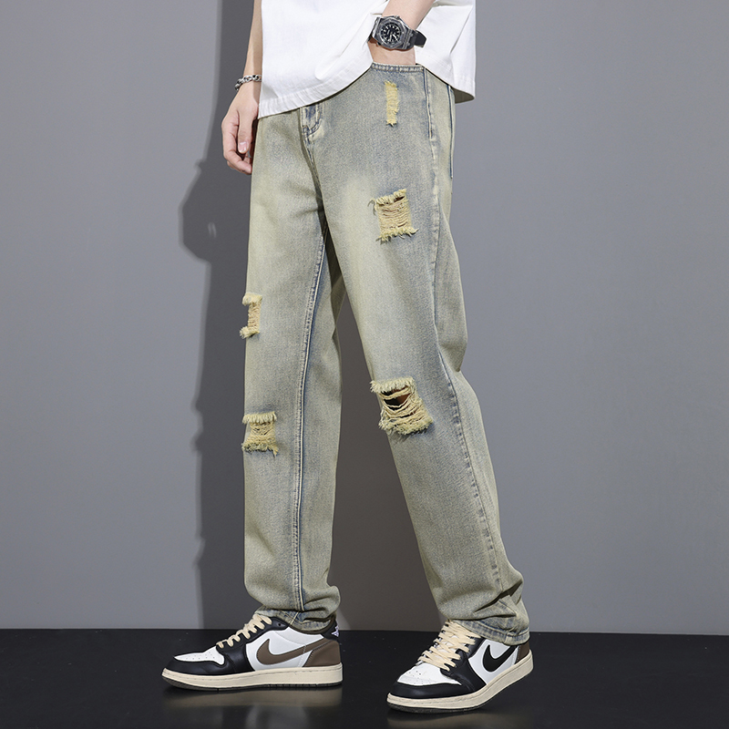 실사 2026 여름 새로운 아메리칸 높음 거리 항구 바람 레트로 노스탤지어 개성 찢어진 부분 루즈핏 넓은 다리 청바지 남자