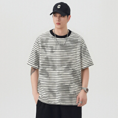 批发实拍2026夏季新款潮牌美式条纹短袖<b class='q'>t</b><b class='q'>恤</b>百搭圆领半袖体恤
