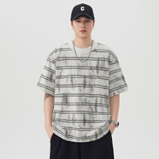 批发实拍2026夏季新款潮牌美式短袖<b class='q'>t</b><b class='q'>恤</b>男条纹百搭圆领半袖体恤
