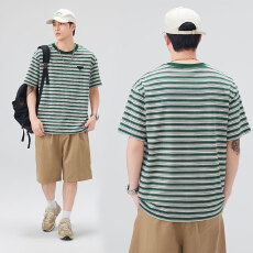 批发实拍2026夏季新款宽松圆领条纹短袖T恤男简约百搭t恤上衣