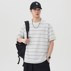 批发实拍2026夏季新款潮牌美式短袖t恤男条纹百搭圆领半袖体恤