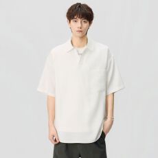 批发实拍2026夏季新款V领套头短袖衬衫<b class='q'>男士</b>日系简约五分袖<b class='q'>翻领</b><b class='q'>T</b>恤衫