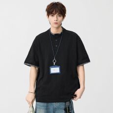 批发实拍2026夏季新款潮牌假两件短袖T恤男<b class='q'>日系</b><b class='q'>复古</b>潮流重磅百搭体恤