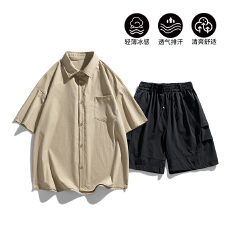 批发实拍2026<b class='q'>夏</b>季新款冰感休闲短袖短裤套装男宽松百搭简约两件套