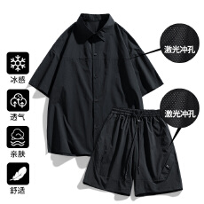 批发实拍夏季新款冰感短袖<b class='q'>衬衣</b>工装短裤休闲套装男宽松百搭简约两件套