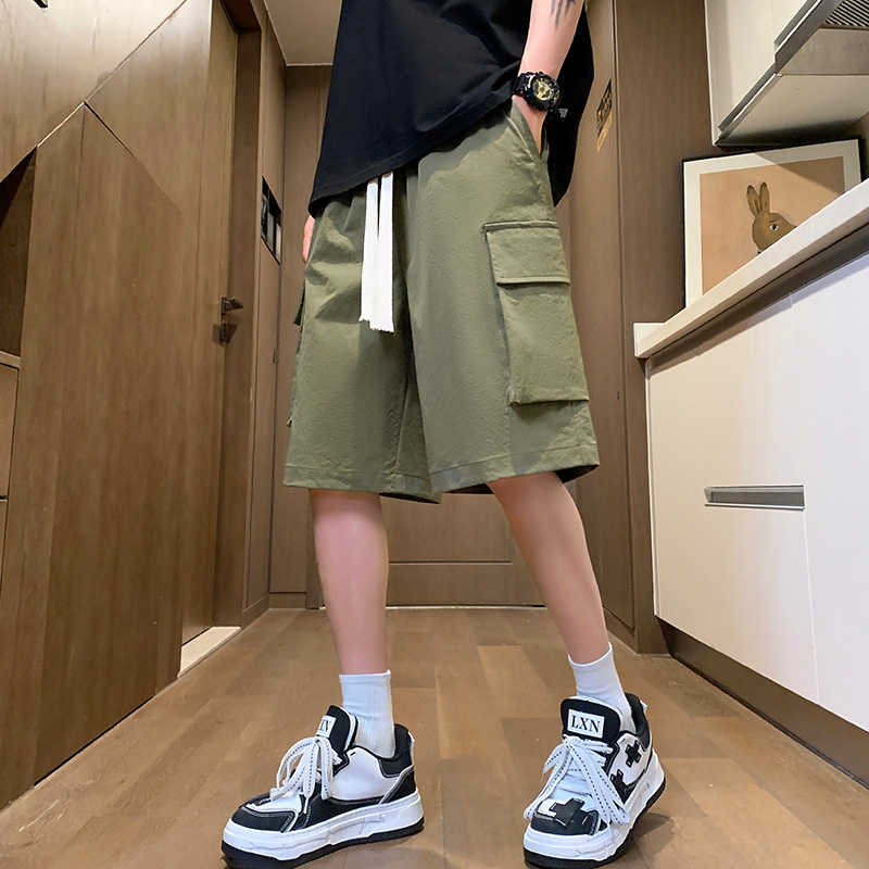 실사 여름 새로운 단색 워크웨어 오부 바지 남자 루즈핏 다용도 허리밴드 얼음 센스 빅 포켓 캐주얼 반바지