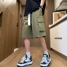 批发实拍夏季新款纯色工装五分裤男宽松百搭松紧腰冰感大口袋休闲短裤