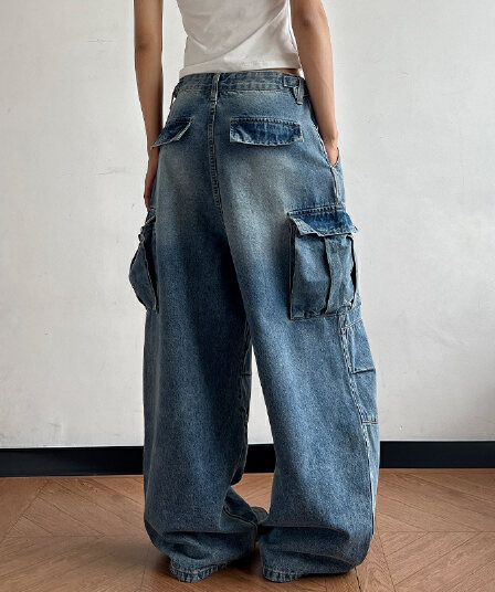 2026 새로운 레트로 블루 워싱 vintage 거리 꼬집기 Pleat 무거운 작업 디자인 넓은 다리 루즈핏 워크웨어 청바지