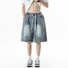 批发实拍2026夏季新款潮牌美式牛仔裤短裤男百搭宽松高街拼接五分裤男