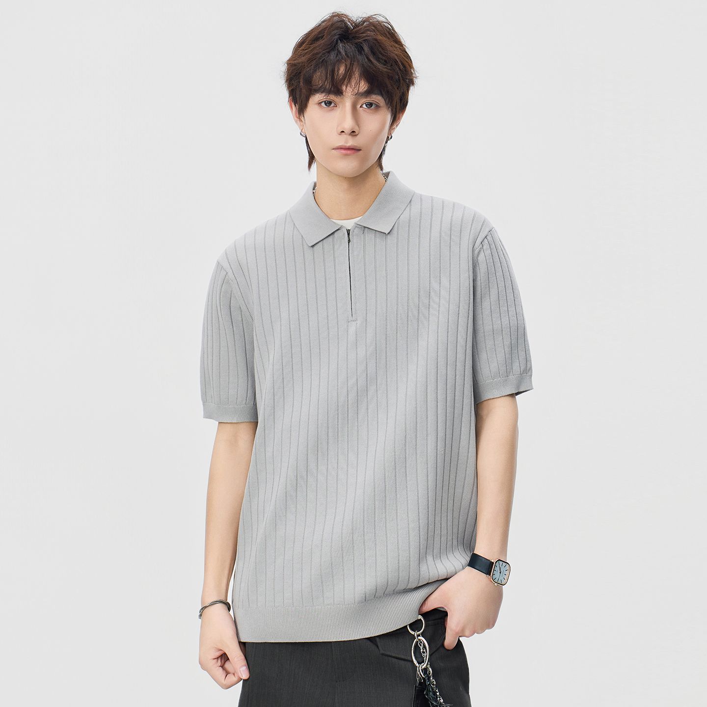 실사 2026 여름 새로운 오래된 돈 바람 폴로 칼라 스트라이프 반팔 polo 니트 스웨터 남성 레트로 다용도 트렌디 t