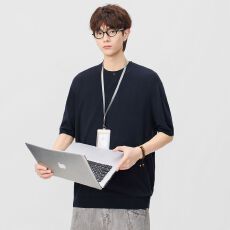 批发夏季老钱风麻棉短袖T恤男针织衫圆领百搭<b class='q'>日系</b><b class='q'>复古</b>纯色休闲体恤衫