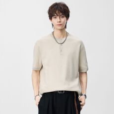 批发夏季老钱风短袖体恤衫男2026夏季新款半袖针织衫<b class='q'>日系</b><b class='q'>复古</b>纯色