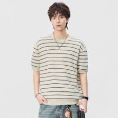批发夏季老钱风麻棉短袖<b class='q'>T</b><b class='q'>恤</b>男条纹针织衫体恤衫日系复古百搭圆领潮流