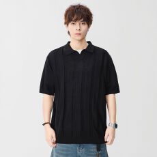 批发实拍2026夏季新款V领短袖<b class='q'>T</b><b class='q'>恤</b>男针织衫老钱风翻领宽松复古体恤潮