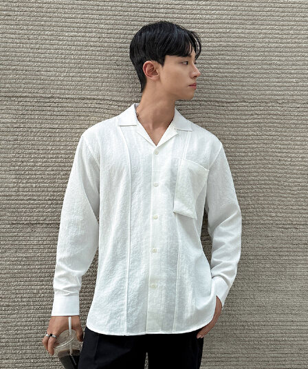 실사 여름 새로운 일본식 다용도 루즈핏 폴로 칼라 긴팔 셔츠 미니멀리즘 질감 센스 주머니 디자인 셔츠