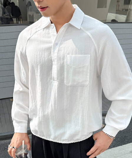 아마 오래된 돈 바람 일본식 하프 열기 디자인 긴팔 셔츠 남자 미니멀리즘 단색 루즈핏 펌프 로프 밑단 셔츠