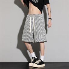 实拍2026夏季新款针织细格子五分短裤男宽松直筒运动休闲百搭帅气