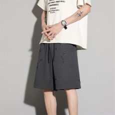 实拍夏季潮牌破洞针织短裤男宽松直筒五分裤运动休闲百搭帅气短裤