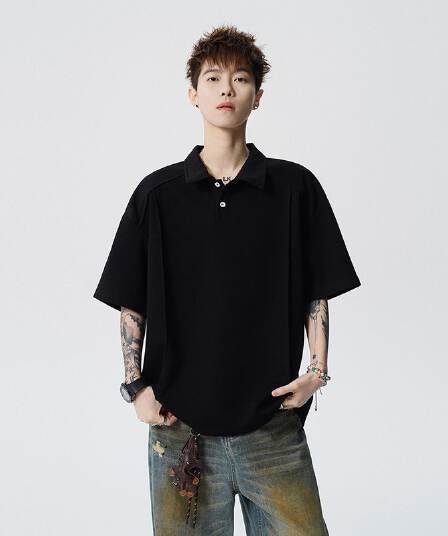 실사 2026 여름 새로운 남자 바 면 POLO 셔츠 반팔 남자 미니멀리즘 패치워크 구조 섹션 캐주얼 폴로 칼라 동정