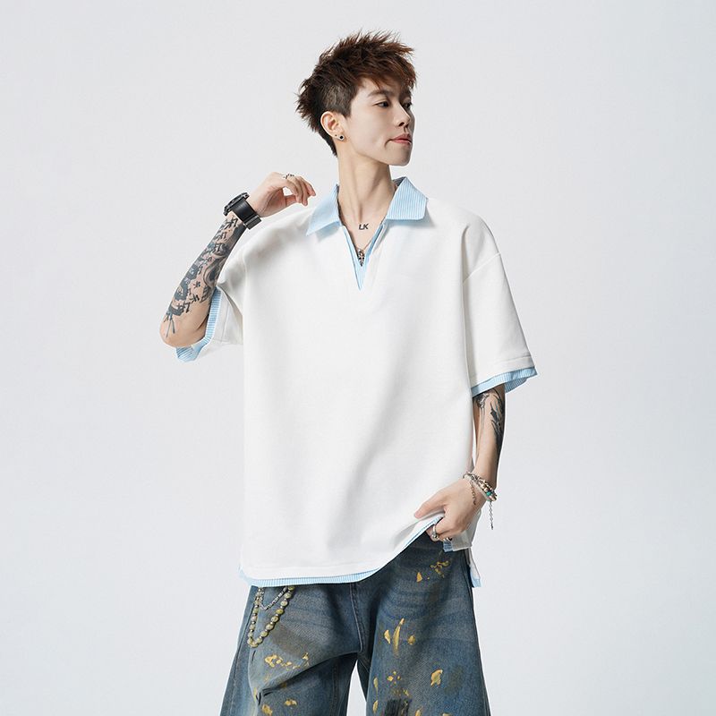 여름 새로운 페이크 레이어드 반팔 POLO 셔츠 남자 남자 바 면 V넥 반팔 블루 흰색 스트립 셔츠 칼라 무거운 루즈핏 t
