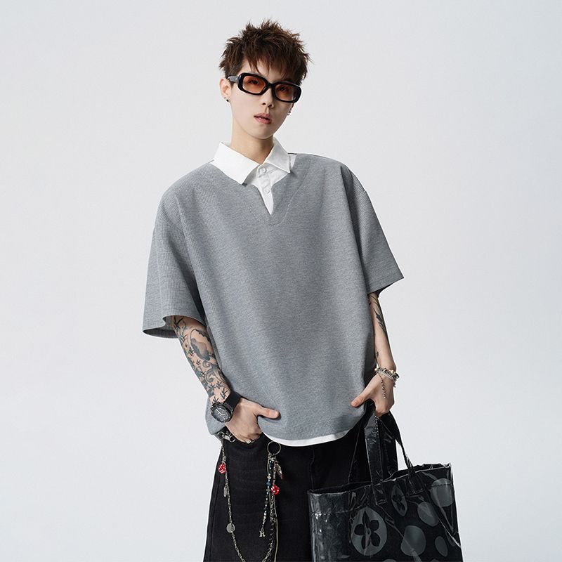 여름 새로운 반팔 POLO 셔츠 남자 후아 남편 그리드 페이크 레이어드 폴로 칼라 반팔 셔츠 칼라 무거운 루즈핏 티셔츠