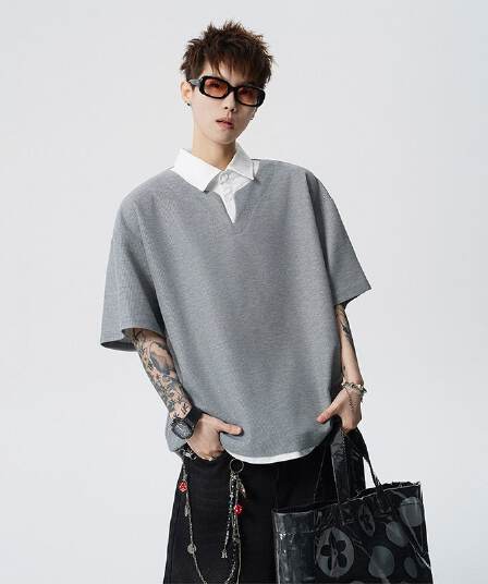 여름 새로운 반팔 POLO 셔츠 남자 후아 남편 그리드 페이크 레이어드 폴로 칼라 반팔 셔츠 칼라 무거운 루즈핏 티셔츠